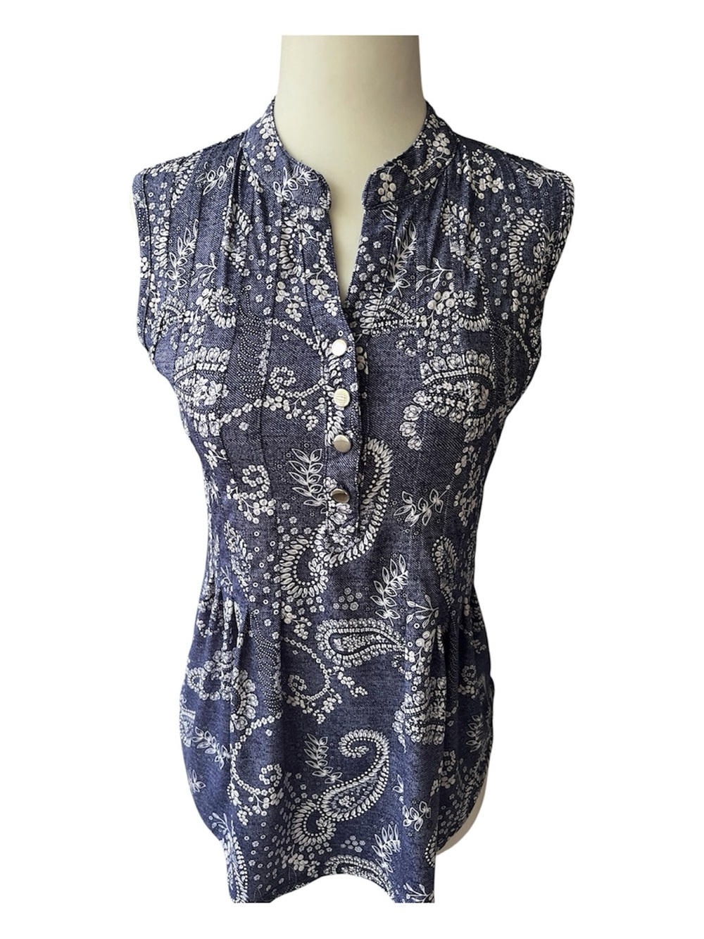 Westport Navy Paisley Sleeveless Henley Tank